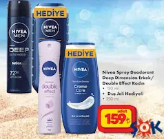 NİVEA SPREY DEODORANT DEEP DİMENSİON ERKEK/DOUBLE EFFECT KADIN 150 ML + DUŞ JELİ HEDİYELİ 250 ML